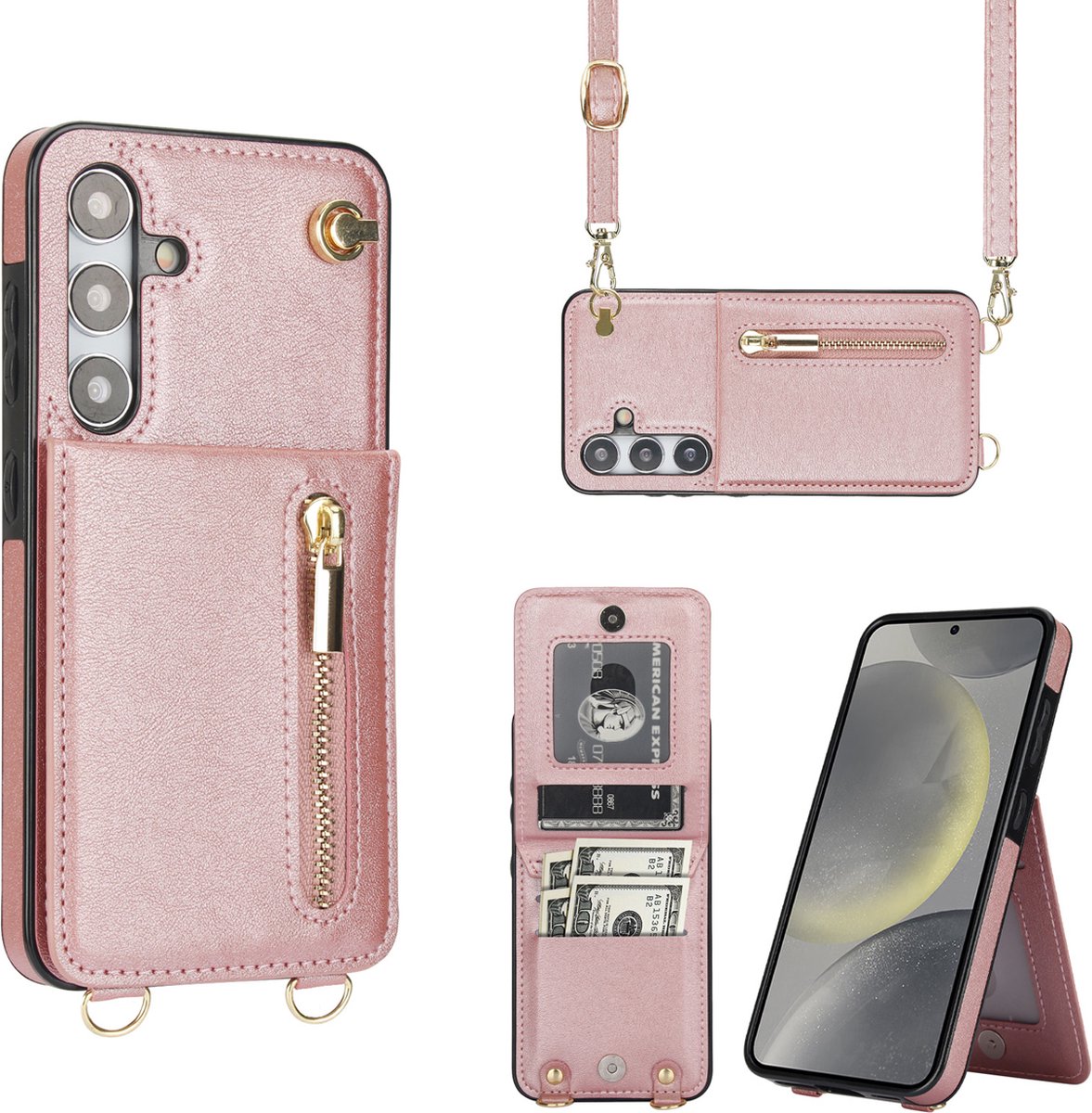 Multimedia & Accessoires Stijlvolle Leren Fashion Backcover Case Hoesje met Koord, Stand Ritsvak en Pasjeshouders geschikt voor Samsung Galaxy S24 - Rosegoud