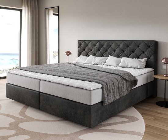 Lit à sommier tapissier Dream-Great 200x200cm Microfibre anthracite vintage 200x200 cm avec matelas à ressorts ensachés et surmatelas visco