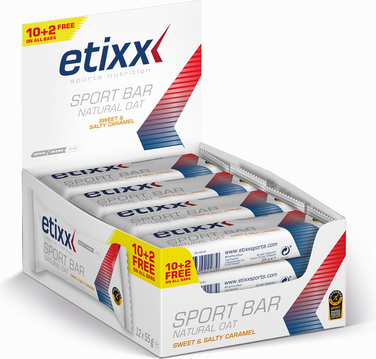 Goedkoopste Etixx Natural Oat Sport Bar - Sports Nutrition - Sport Reep - 12X55 gram - Sweet & Salty Caramel - Koolhydraatrijk - Extra natrium (156MG) - 33G Koolhydraten