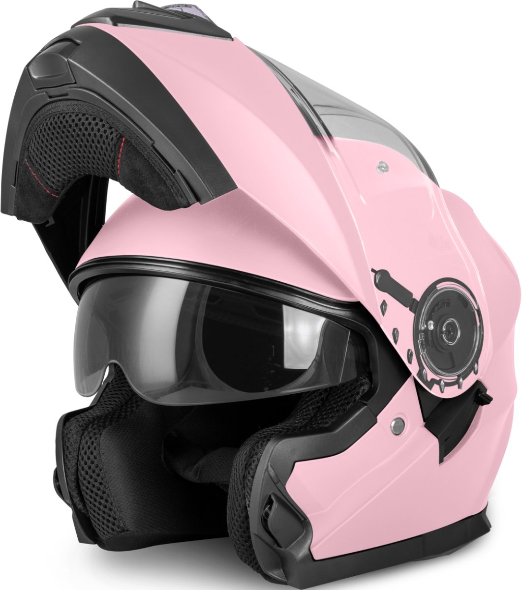 VINZ Santos Systeemhelm met Zonnevizier | Motorhelm Dames | Scooterhelm voor Vrouwen | Brommerhelm | ECE 22.06 goedgekeurd | Lichtgewicht 1600 gram | Inclusief Opbergzak | Roze - XS
