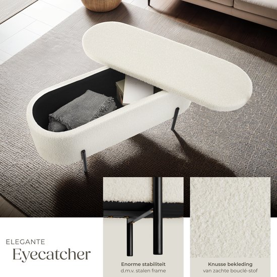 tectake - banc rembourré - banc en MDF Lanja - avec tissu bouclé et espace de rangement - blanc crème