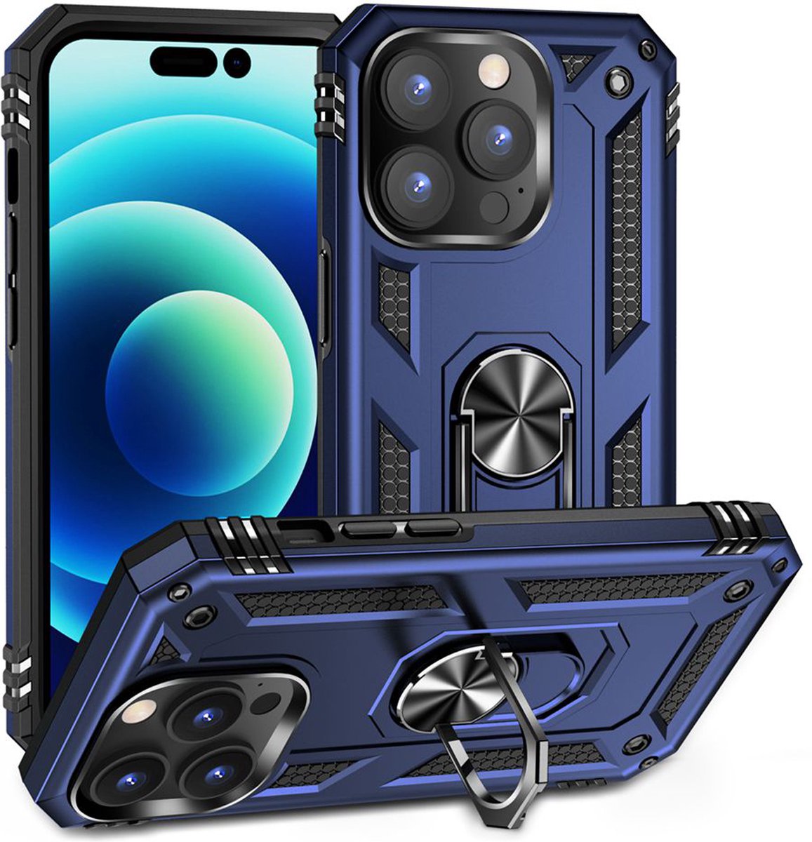 MobyDefend Hoesje - Geschikt voor iPhone 14 Pro - Pantsercase Met Draaibare Ring - Blauw