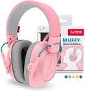Roze Alpine Muffy gehoorbescherming voor kinderen, met een zachtroze hoofdband en grijze oorkappen. De verpakking is inbegrepen.