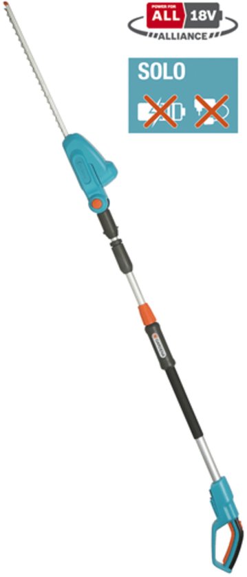 Turquoise heggenschaar met steel, "POWER FOR ALL 18V" en "SOLO" logo.