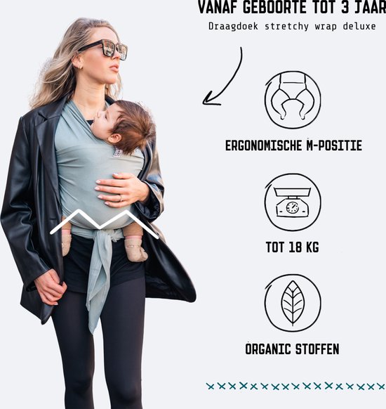 ByKay Stretchy Deluxe - rekbare draagdoek newborn - ergonomisch - tot 18kg - 100% biologisch katoen - Minty Grey - maat M