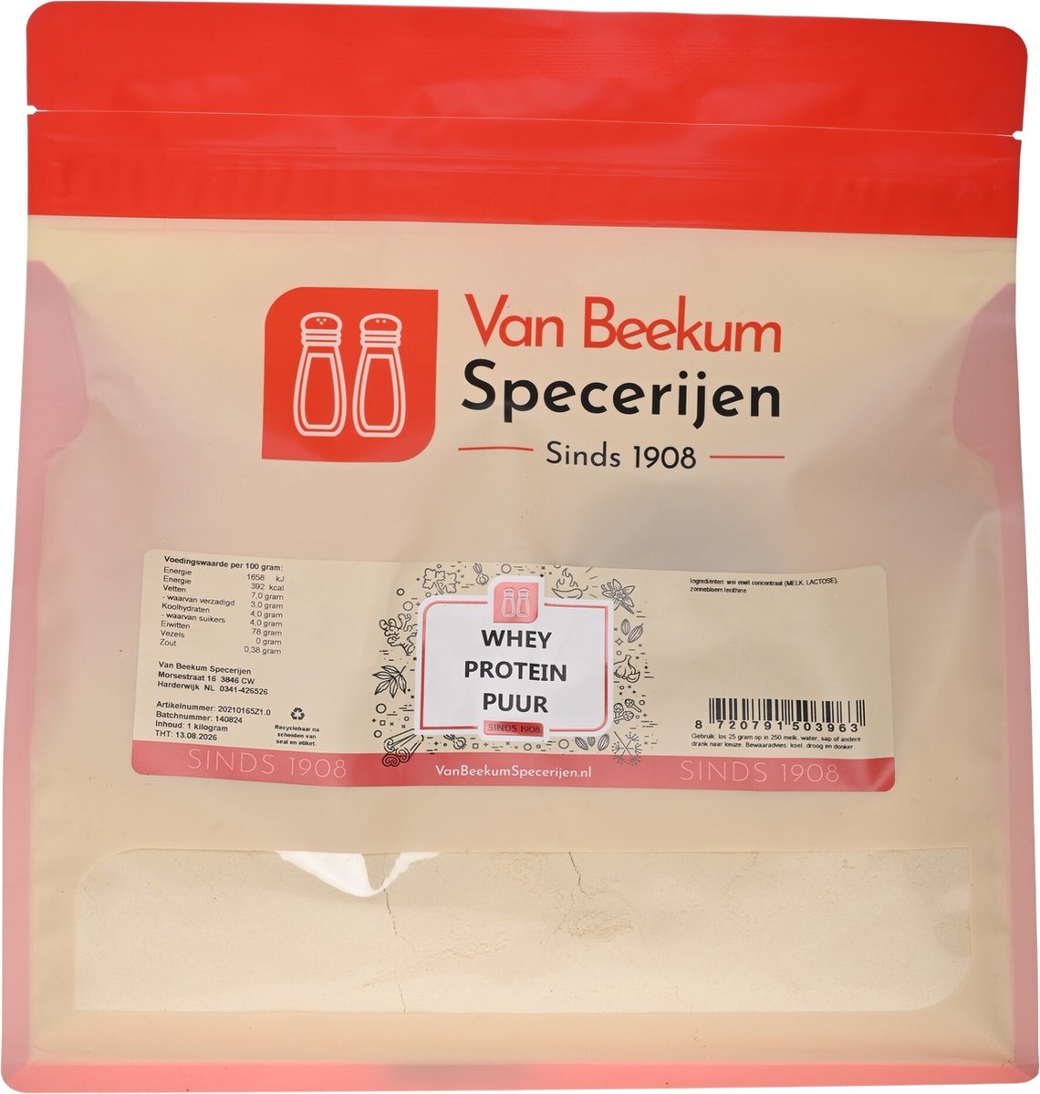 Goedkoopste Van Beekum Specerijen - Whey Protein Puur - 1 KG (hersluitbare stazak