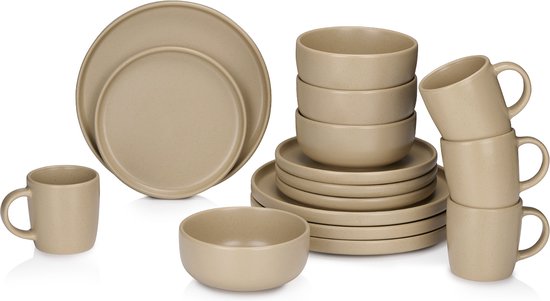 alpina Service de Vaisselle 16 Pièces - Service d'Assiettes 4 Personnes - Services de table en Faïence - Assiettes Assiettes à petit-déjeuner, Assiettes plates, Bols et tasses - Passe au micro-ondes et au lave-vaisselle - Sable