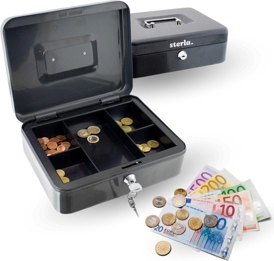 Geldkist – Metalen Geldkistje 25 x 20 x 9 cm Robuuste Geldkluis voor Veilig Geldbeheer – Zwart