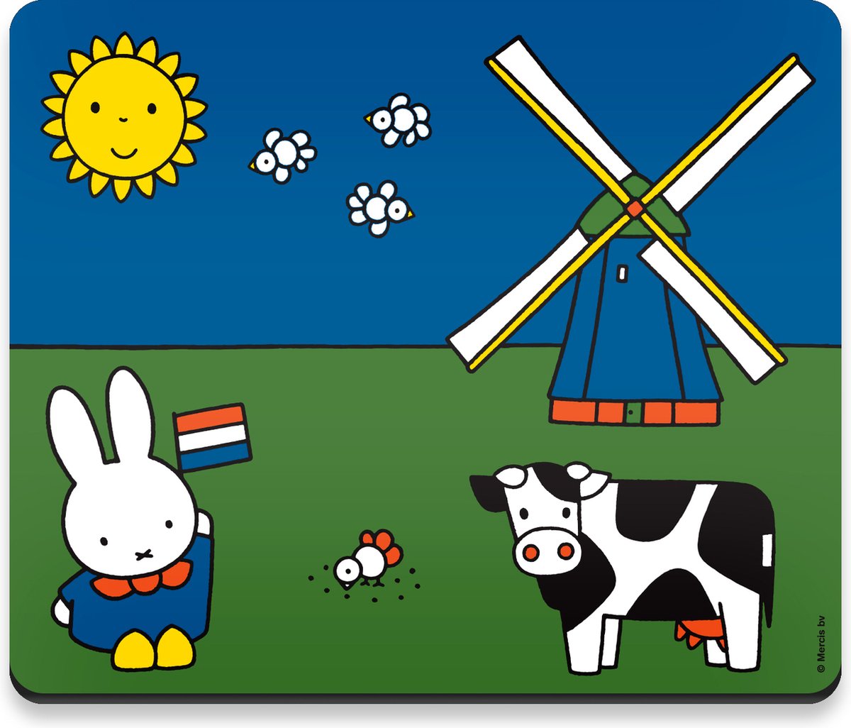 Muismat - Nijntje in Boerenkiel - Nederlands Landschap Weiland - Molen/Vlag/Koe/Zon - 20x34cm
