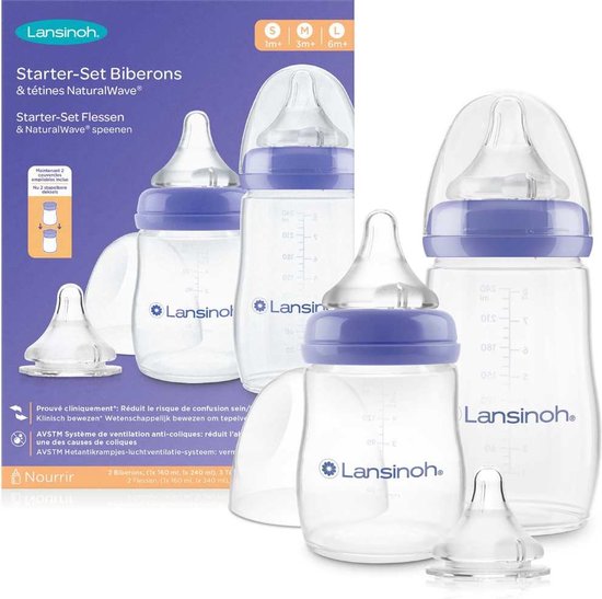 Ensemble de départ avec 2 biberons Lansinoh avec tétines NaturalWave. Les biberons ont un capuchon bleu et une tétine transparente.