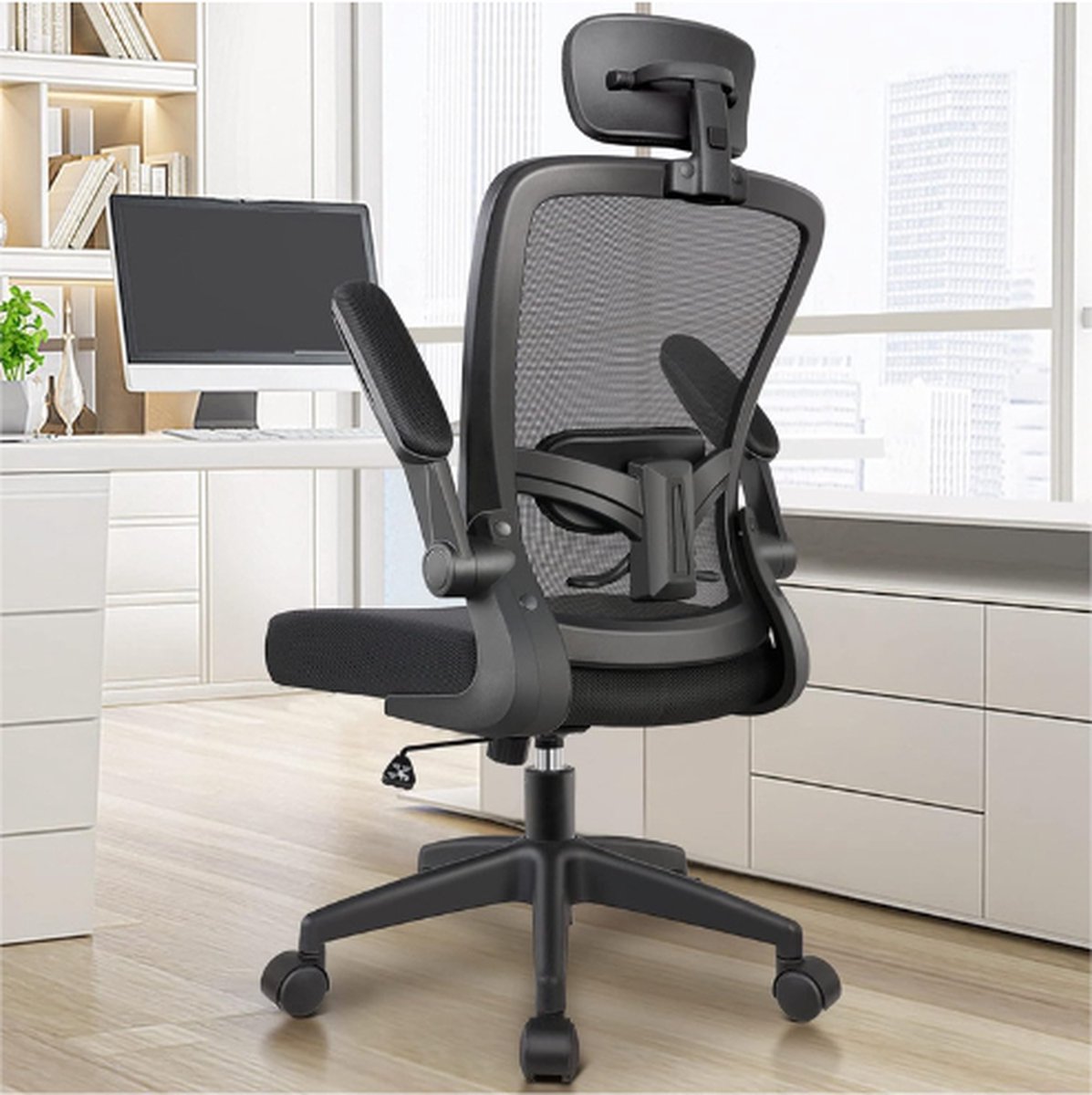 BOG Bureaustoel - Ergonomische Bureaustoel Met Verstelbare Hoofdsteun - Armleuningen - Lendensteun - Hoge Rug - Draagvermogen Ca. 136 Kg (Zwart)