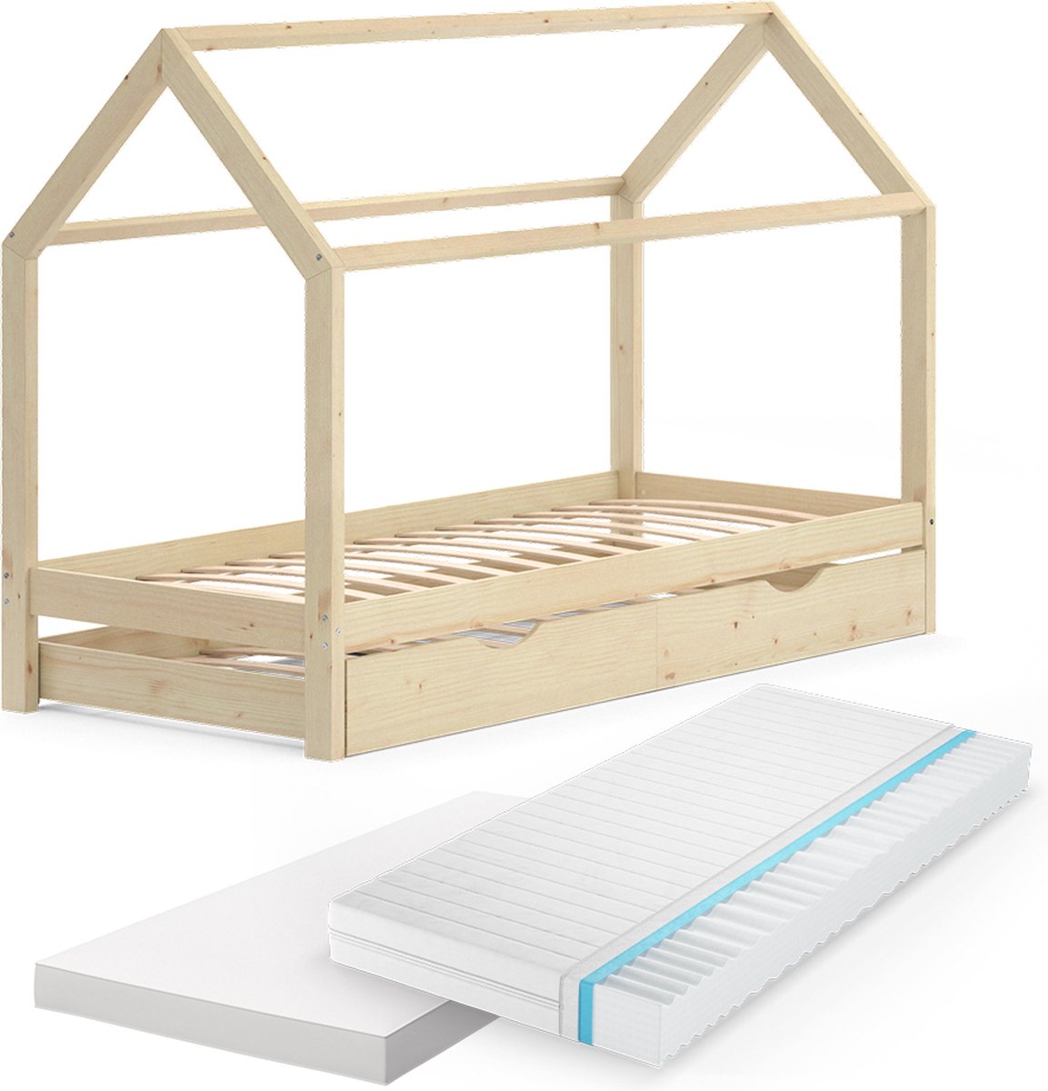Vitalispa Wiki Huisbed – 90x200 cm met logeerbed en 2 matrassen Natuurlijk hout