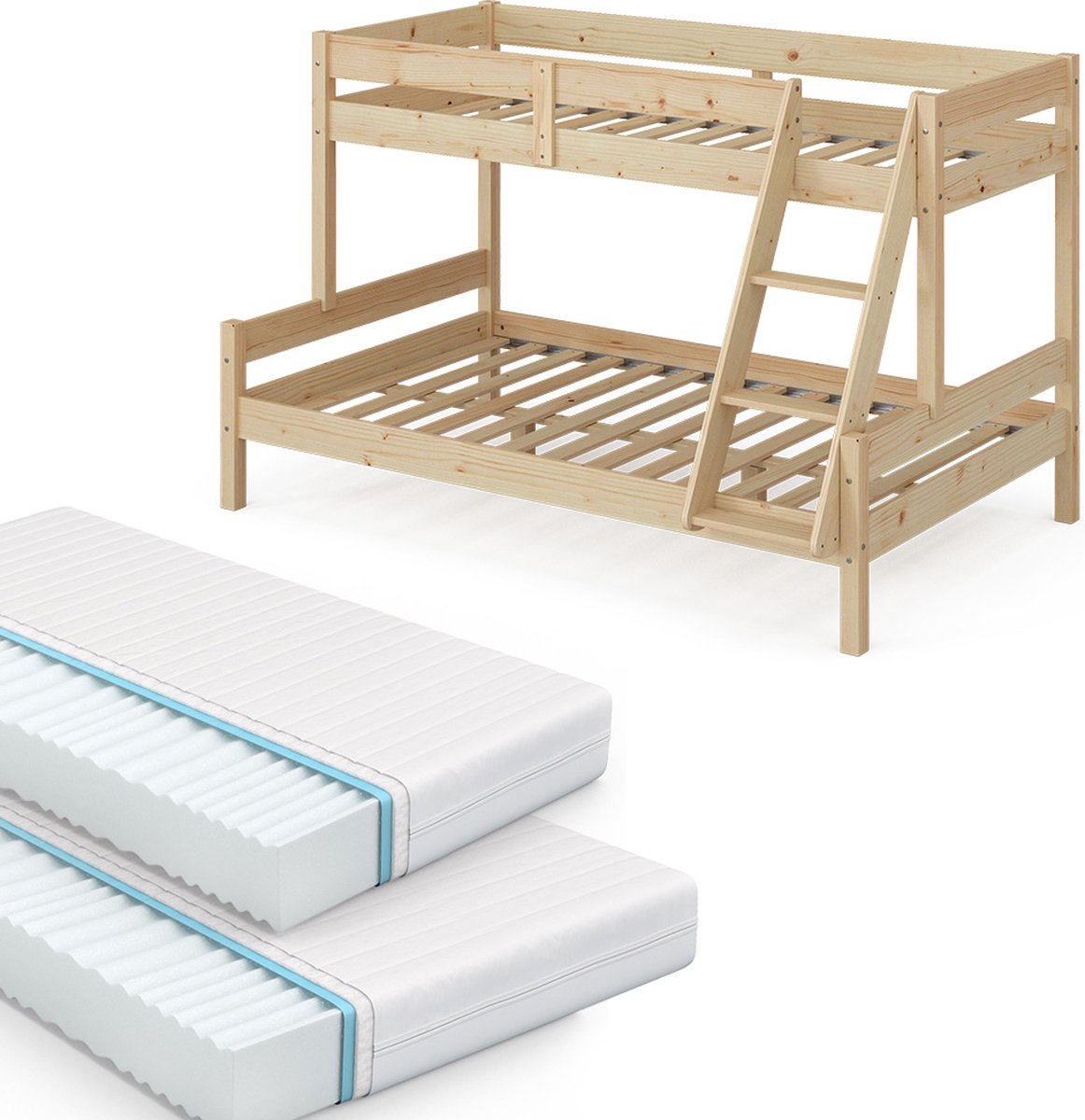 Vitalispa Everest Stapelbed – 120x200 / 80x200 cm met 2 matrassen Natuurlijk hout