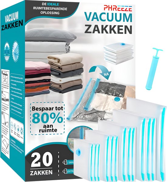 Vacuumzakken Kleding , Dekbedden - 20 Stuks / 5 Maten - Met Vacuumpomp Kledingzakken - M t/m XXL Reiszakken - Opbergzakken - Vacumeerzakken - Herbruikbaar