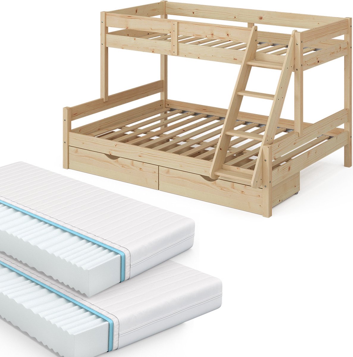 Vitalispa Everest Stapelbed – 140x200 / 90x200 cm met 2 matrassen en 2 laden Natuurlijk hout