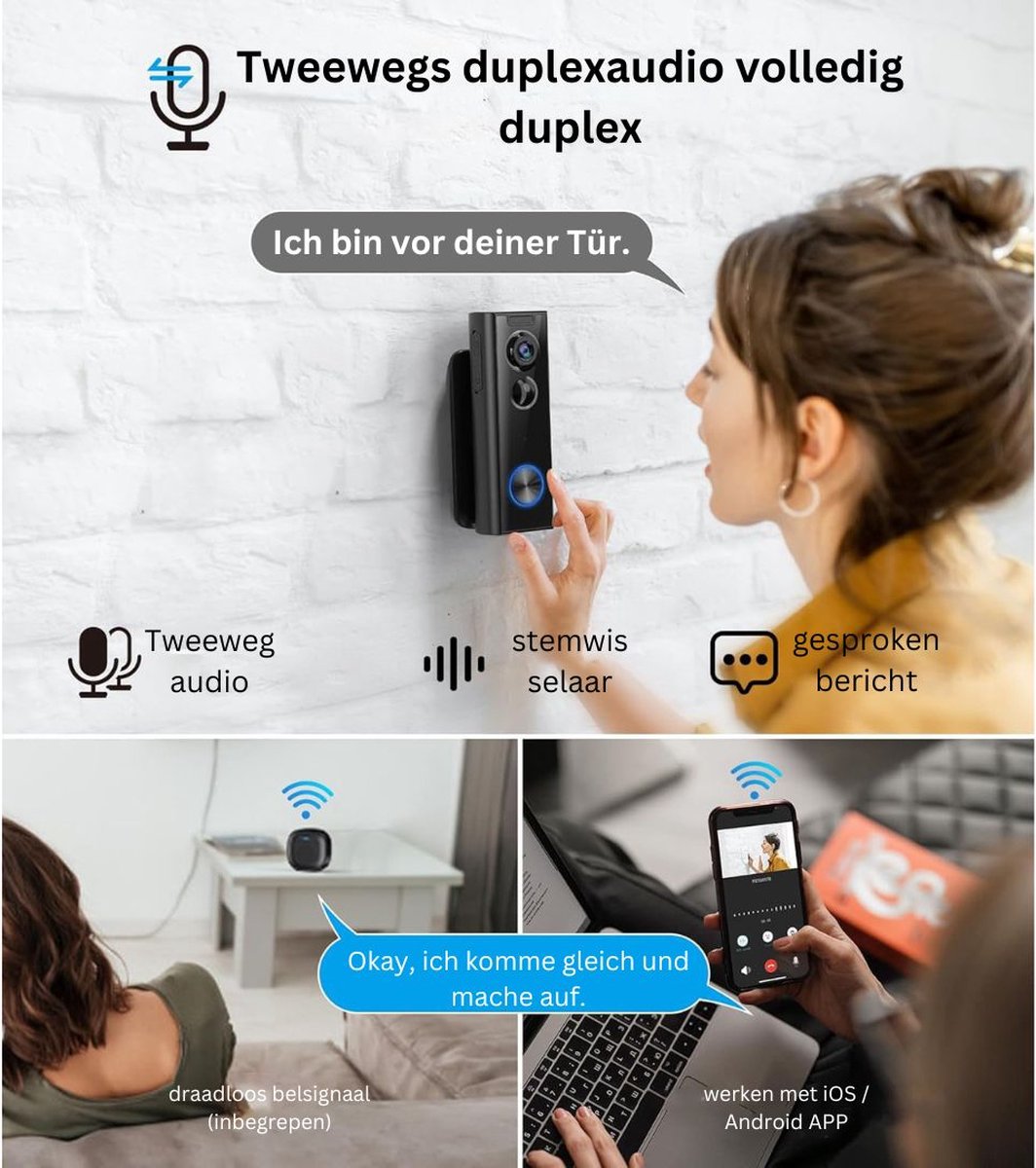 White-Label® Draadloze Video Deurbel met Camera - Full HD - Zwart - afbeelding 3