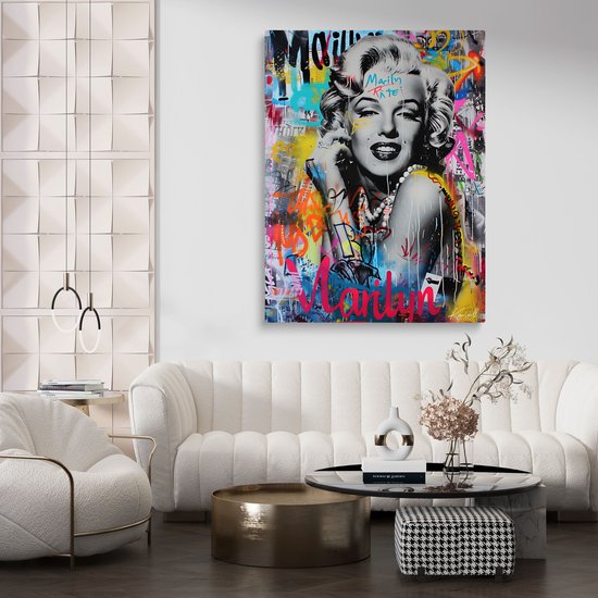 Luxe Canvas Schilderij Marilyn Monroe Graffiti | 60x40 cm | Woonkamer | Slaapkamer | Kantoor | Muziek | Design | Art | Modern | ** 4CM DIK!