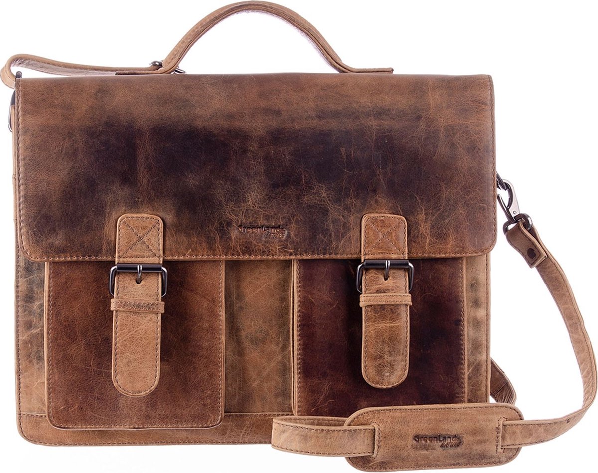 GreenLand Nature Leren Afzonderlijke gevallen Schoudertas Montana Briefcase Brown Bruine