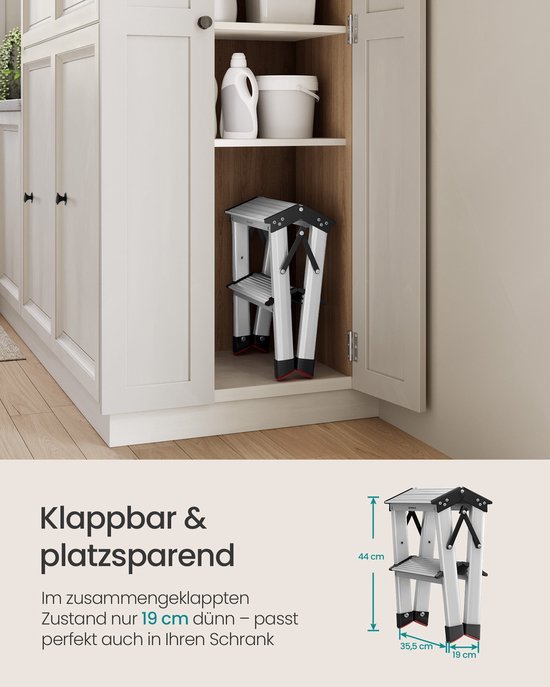 Rootz Échelle à 2 marches - escabeau en alliage d'aluminium - escabeau pliant - marches antidérapantes - 45 cm x 35,5 cm x 38 cm