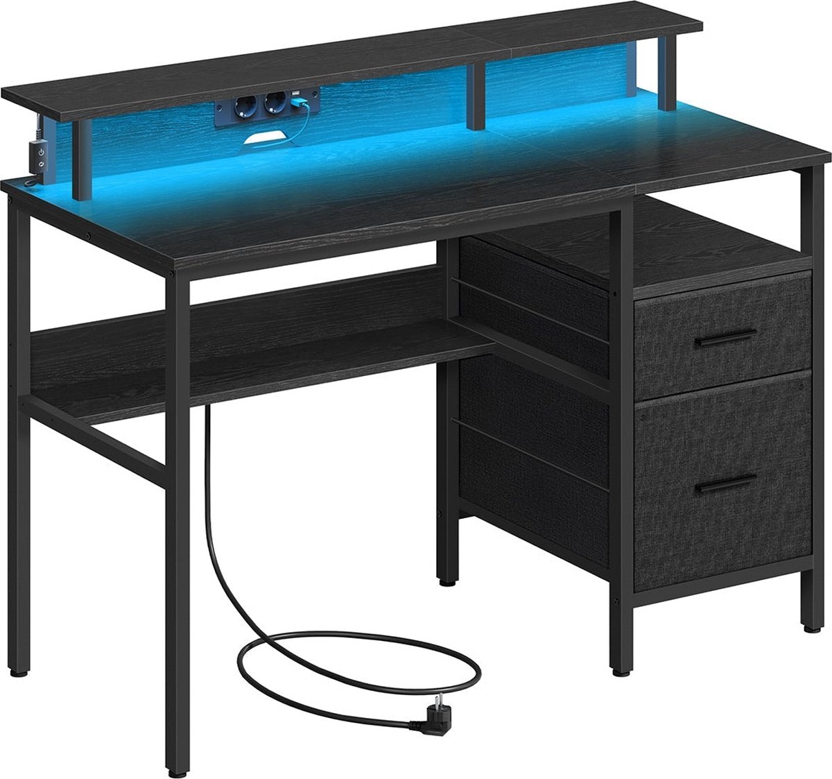 Ebony Zwart Bureau met Laden - Kantoorwerkstation - Opbergmeubilair - Ingebouwde stopcontacten - 94,5 cm x 65 cm x 14,5 cm