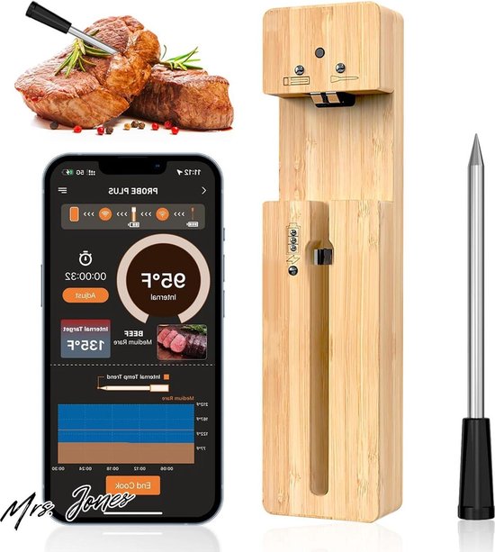 Fleischthermometer Kabellos, Apkezel Bluetooth Grillthermometer mit App, IP67 Wasserdicht Bratenthermometer Kabellos Mit Doppelsonde, Meat Grill Thermometer für Backofen Grill Smoker