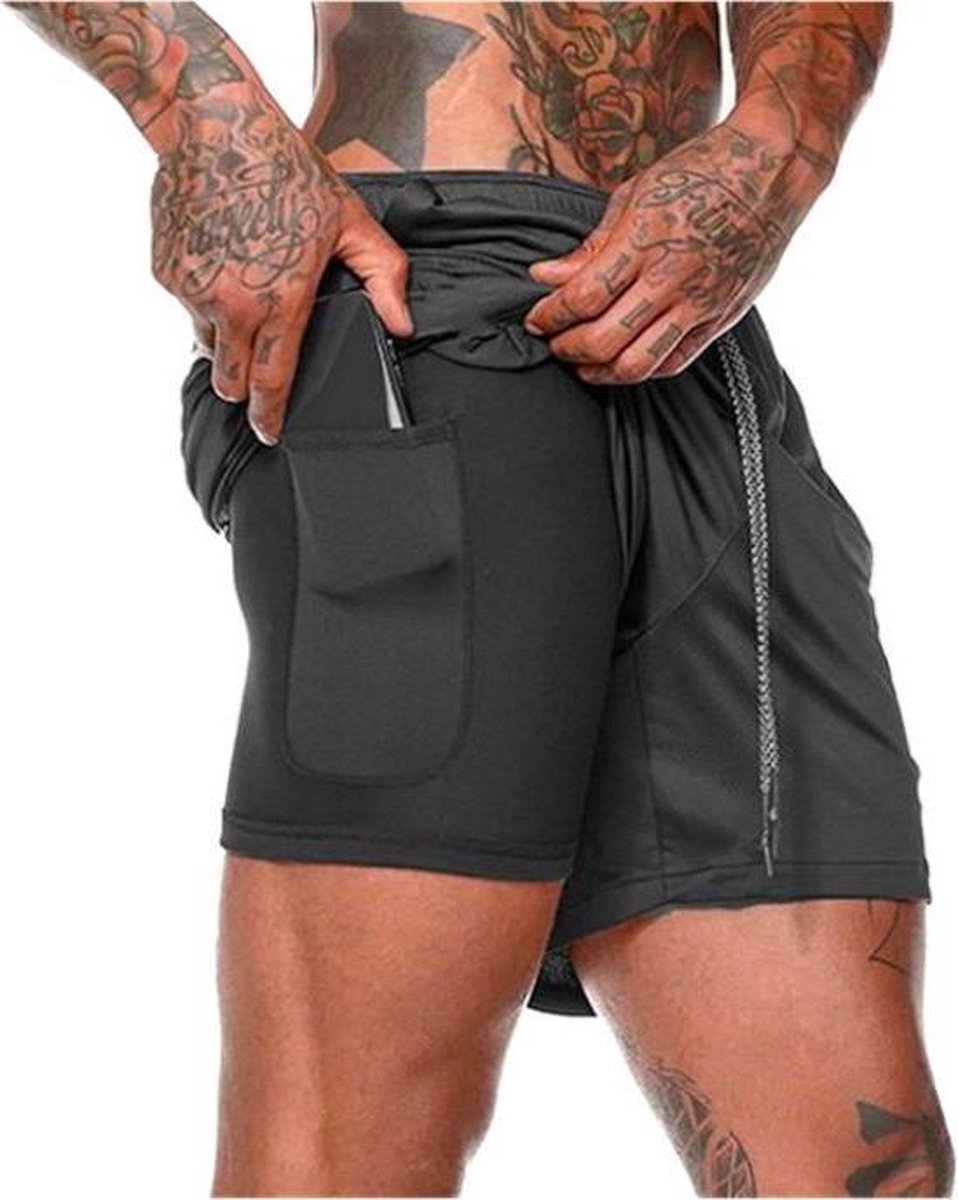 MW Sportbroek voor Heren - Gym broek met mobiel zak - 2 in 1 Shorts - Sport broekje (Zwart - XL)