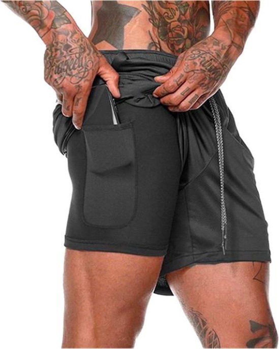 MW® - Sportbroek Heren - Fitnessbroek - Sportkleding - 2 in 1 Shorts - Hardloopbroek (Zwart - XL) - MW