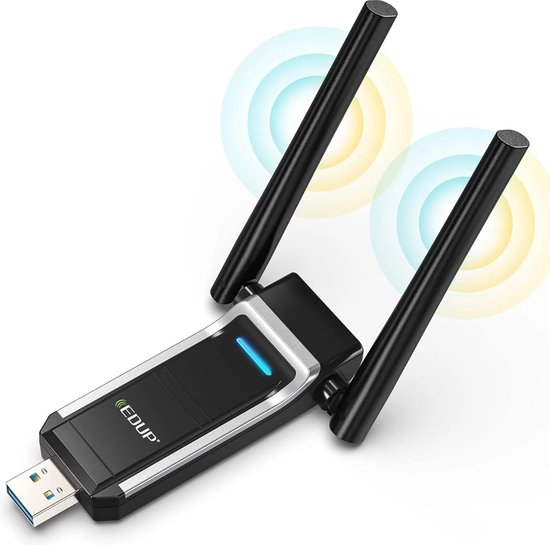 Zwarte USB WiFi-adapter met twee zwarte antennes. Blauwe LED-lampje en cirkels die signaal aangeven.