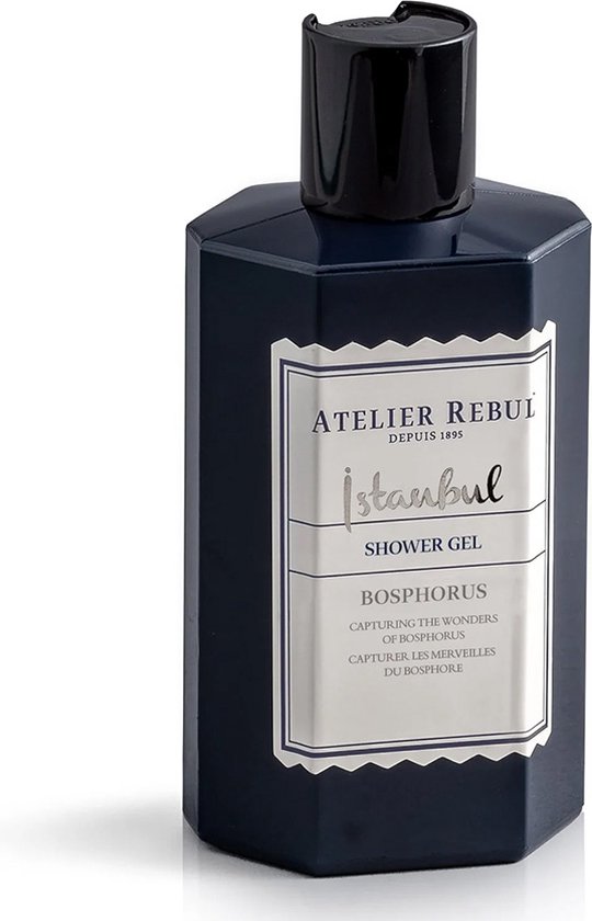 Atelier Rebul Istanbul Bosphorus douchegel in een donkerblauwe fles met een zilverkleurig label.