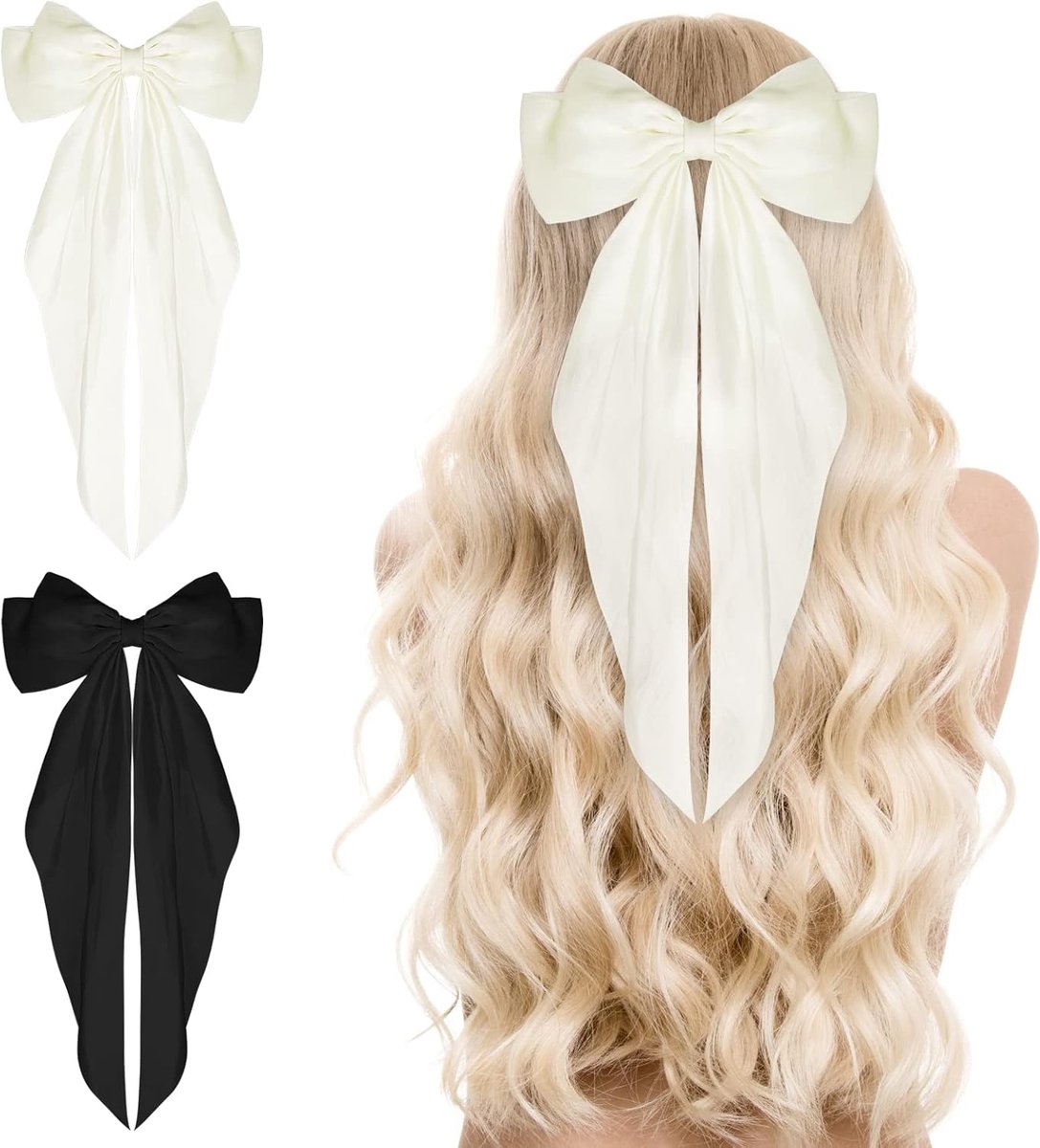 Bekecidi 2 stuks grote strik haarclips, effen kleur strik haarspeld, Franse haarspeld met lange zijdeachtige satijn, voor volwassen tieners vrouwen haaraccessoires