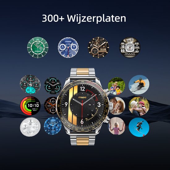 Maoo Titan AMOLED Smartwatch Heren - Special Edition - Stainless Steel en 2 TPU bandjes - Stappenteller - Hartslagmeter - Slaapmonitor - Multisport - Geschikt voor Android en iOS - Zilver en Goud