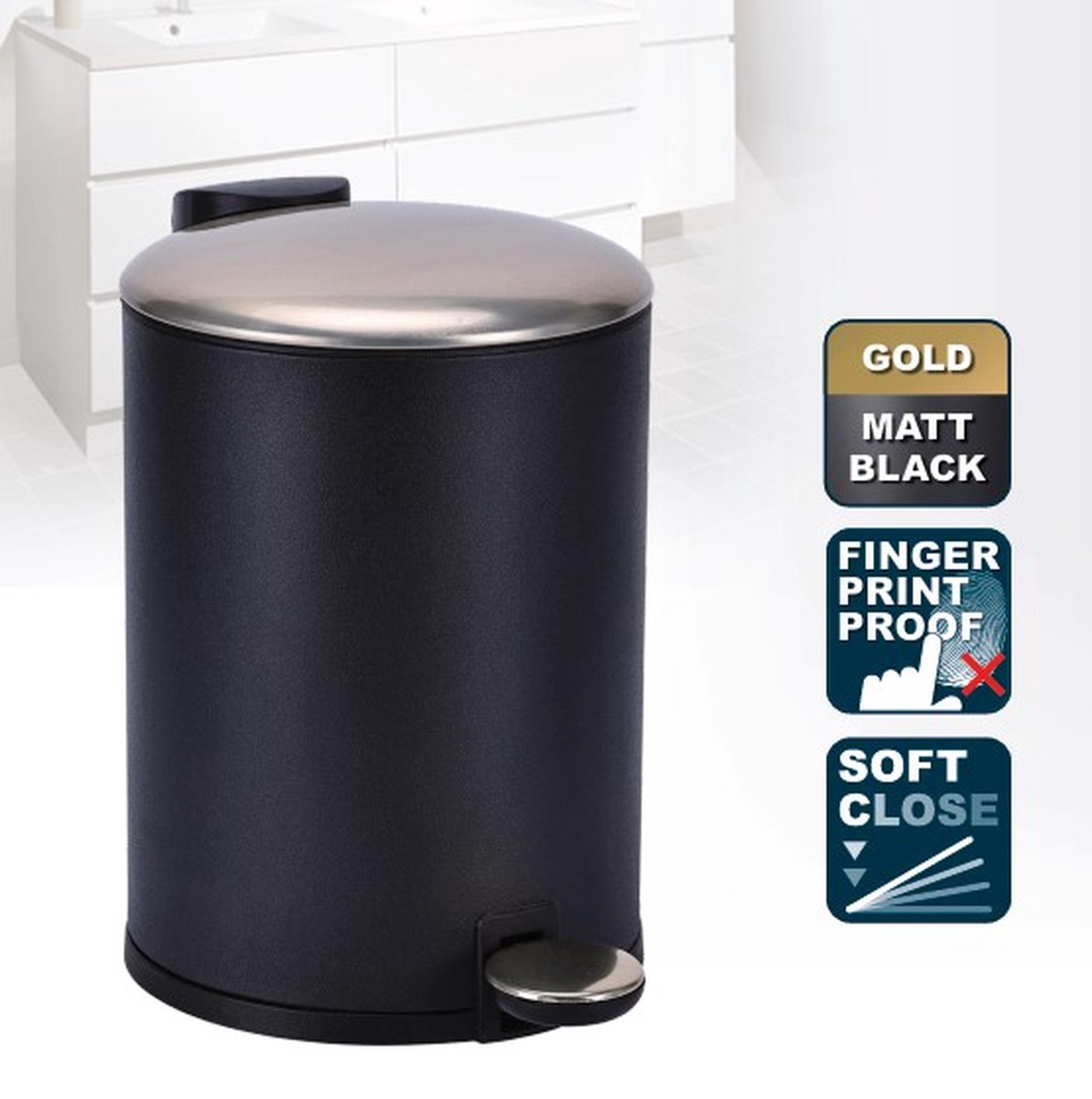 Goedkoopste PRACTO - Pedaalemmer - Zwart Mat 3L - Deksel Goud