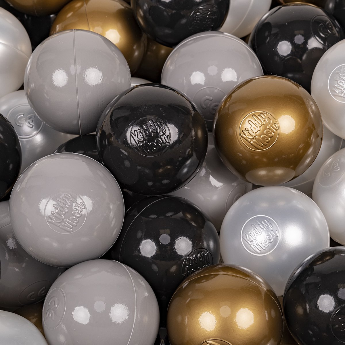 KiddyMoon Ballenbak ballen voor Kinderen Ø7 cm met 300 Stuks - Kinderballen baby - Speelballen voor Ballenbad - BPA-vrij - Ballenbak ballen - Kleurrijke ballen - Baby Speelgoed - Zwart Parel Goud Grijs