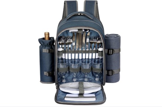 Sac à dos panier pique-nique pour 4 personnes avec couverture, porte-bouteille, compartiment réfrigérant, set de couverts, cadeaux pour couples, cadeaux Mr & Mrs, cadeaux de fête prénuptiale, registre de mariage, bleu