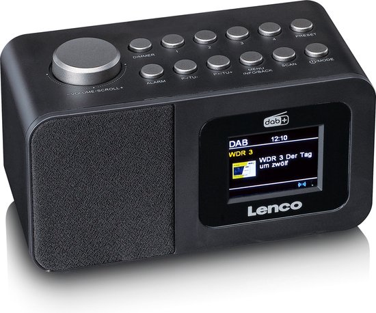 Zwarte Lenco wekkerradio met dab+ scherm, antenne en bedieningsknoppen.