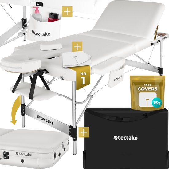 tectake® 3 Zones massagetafel - Behandeltafel incl. draagtas - 5 cm dikke vulling - Aluminium frame - 78 cm breed - 230kg draagvermogen - Incl. 15 hoofdsteundoekjes - Wit
