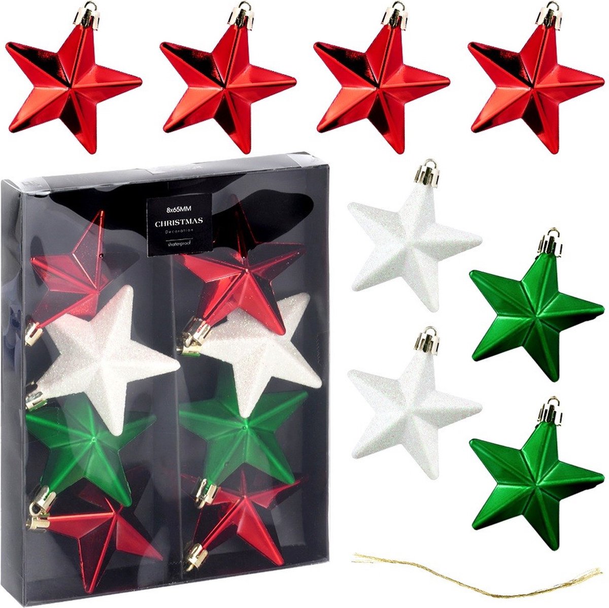 Kerstballen Set Onbreekbaar Sterren Rood Groen Wit 6,5 cm 8 stuks - Kerstdecoratie
