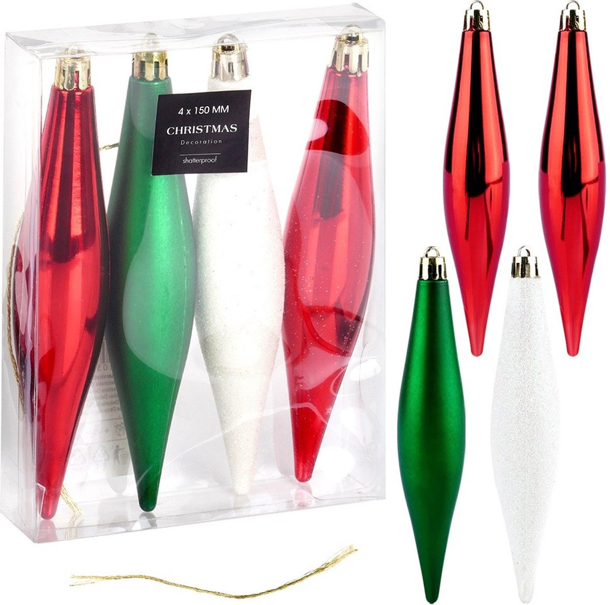 Kerstballen Set Onbreekbaar Ijspegels Rood Groen Wit 15 cm 4 stuks - Kerstdecoratie
