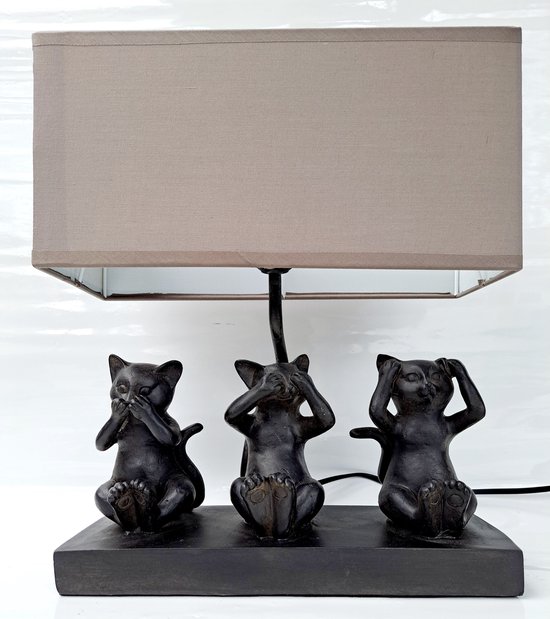 Tafellamp met 3 poezen, horen, zien en zwijgen CT235950 - poezen lamp - poes - kitten zwart polystone bureau lamp - kat katten