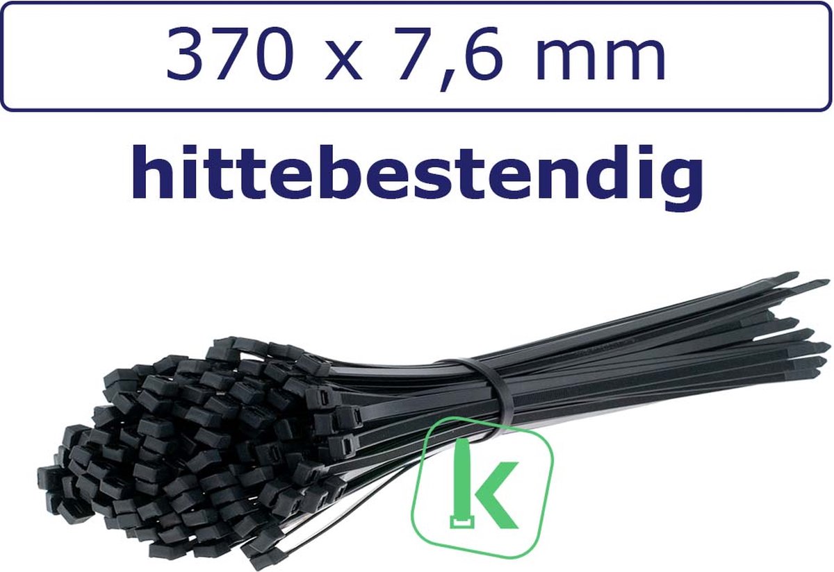 PRO-TIE® - Tyraps, kabelbinders Hitte bestendig 370 x 7,6 mm Zwart UV bestendig (Zak 100 stuks) (tiewrap/tyrap/tie-wrap/bundelbandje/colsonbandje/)