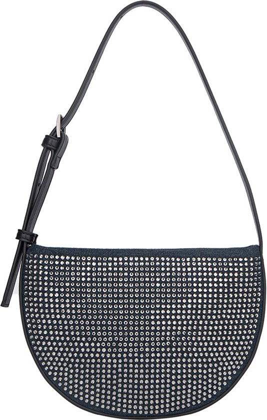 Halve maan tas van donker denim, volledig bezet met glimmende steentjes. Zwarte leren hengsels met witte stiksels.