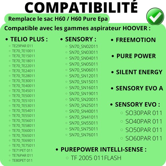 Sac aspirateur pour Hoover [Lot 10] Sacs poussière remplacement H60 / H60 Pure Epa compatible Hoover Telio Plus Sensory Freemotion