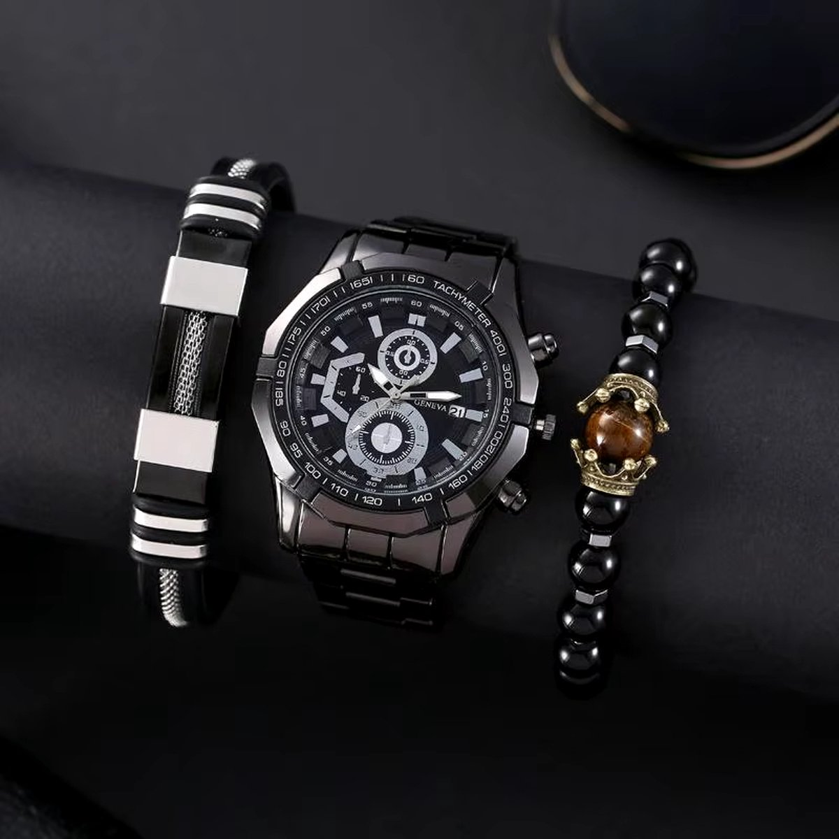 DRX Heren Quartz Horloge en armbanden - Polshorloge - Heren - Cadeau - Horloge - Geschenk - Mannen - Zwart - Polsband zwart
