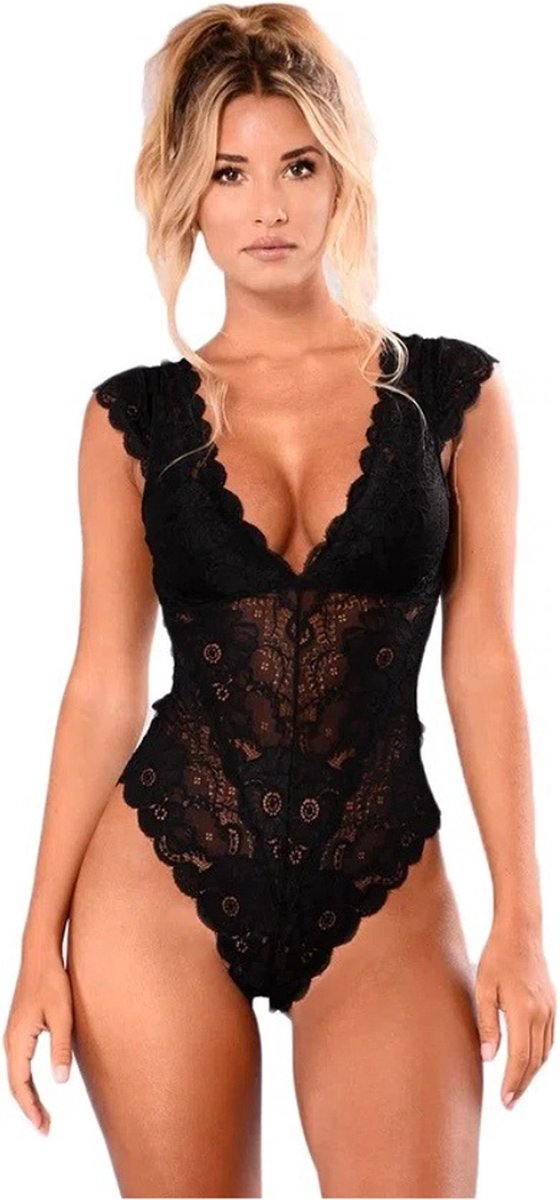 Knaak Kanten Bodysuit Dames - Erotische Body - Sexy Bodysuit - Zwart Kant - 1 stuk - Maat L