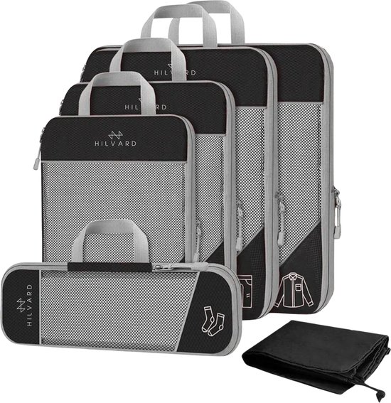 Hilvard packing cubes set – 6-delig – zwart – compressie
