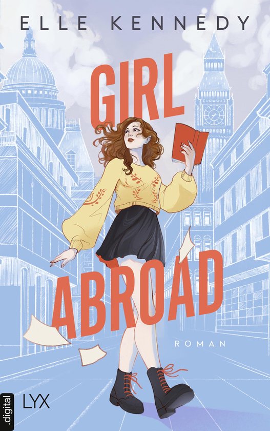 Boekomslag 'Girl Abroad' van Elle Kennedy. Een jonge vrouw in gele trui en zwarte rok houdt een boek vast, met Londense gebouwen op de achtergrond.