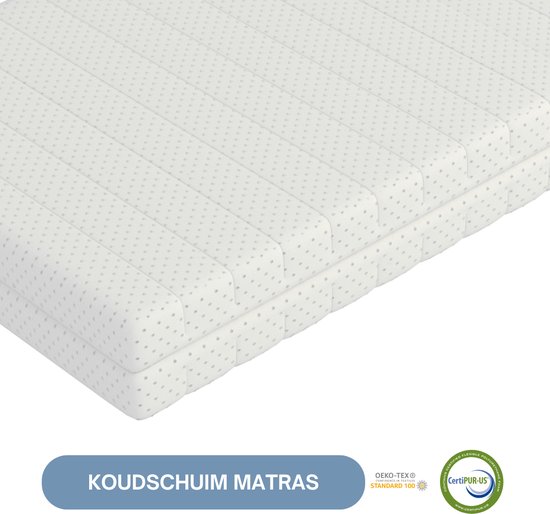 Wit koudschuim matras met een subtiel stippenpatroon. Gecertificeerd met OEKO-TEX en CertiPUR-US.
