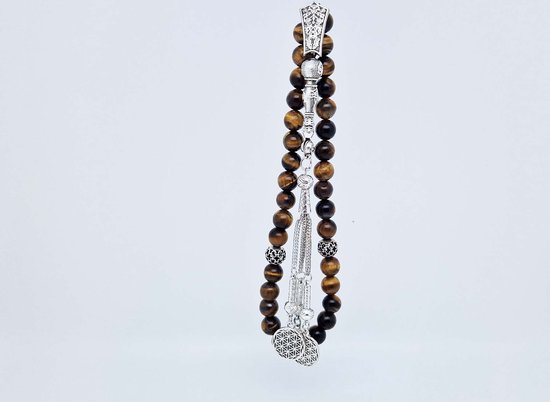 Tesbih "tasbih" fait main en pierre naturelle "Oeil de Tigre" - Nombre de perles 33 - Perles de diamètre 10 MM - avec pompon en métal "modèle 13" - Une belle idée cadeau