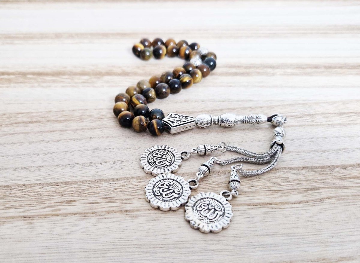 Handgemaakte tesbih "tasbih" natuursteen "Tijgeroog" - Aantal kralen 33 - Diameter kralen 8 MM - met metaal tassel "model 12" - Een mooi cadeau-idee