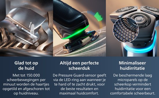 Illustrations du rasoir Philips Shaver 9000 Series avec texte sur le rasage de près, le rasage parfait et la minimisation des irritations.